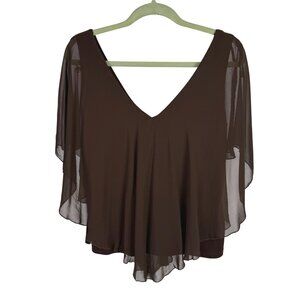 Chocolate Brown Chiffon Cape-Like Flowy Top V-Neck Size S